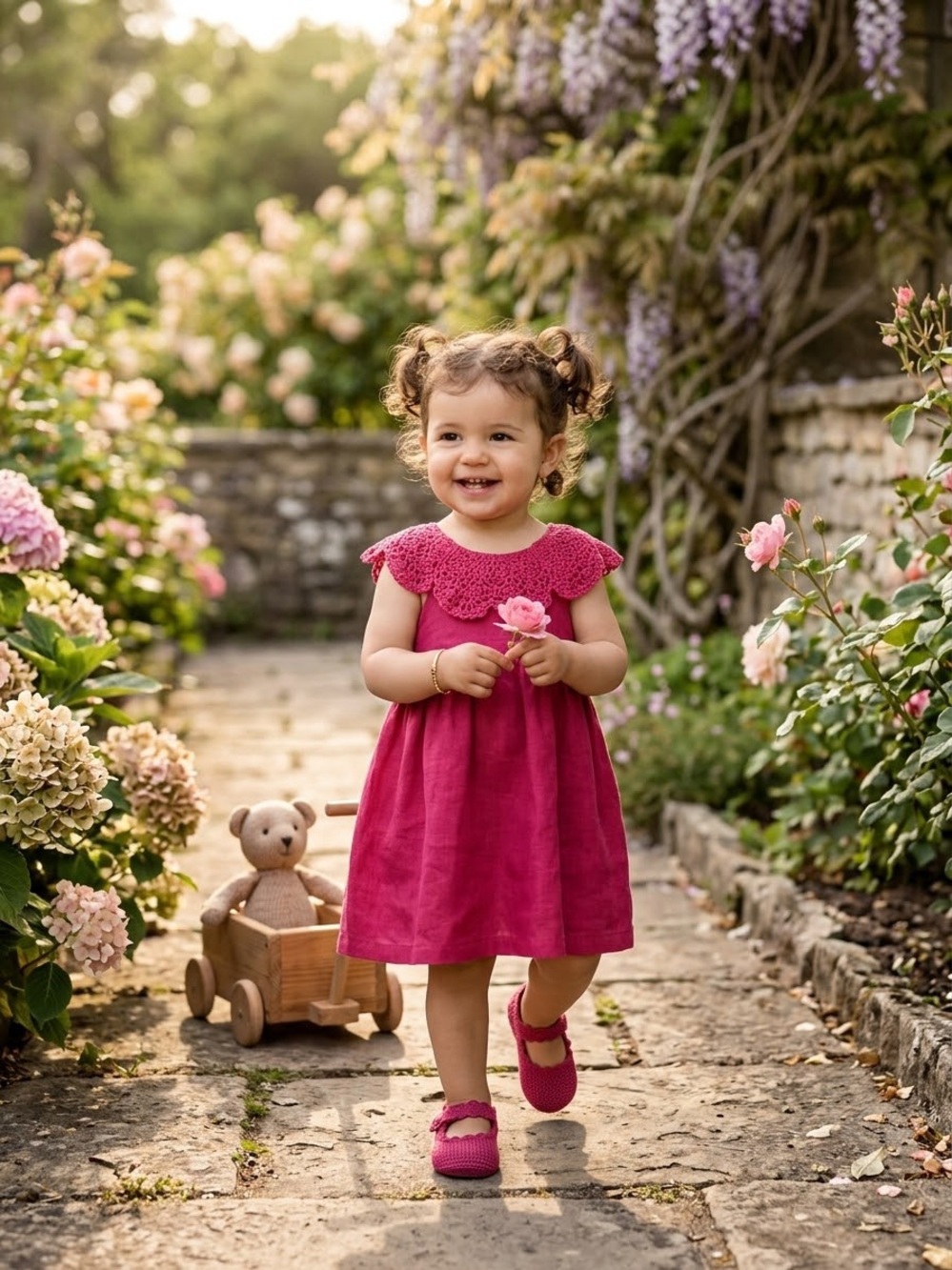 Zara Little Girl Fuchsia linen Dress with scalloped crochet collar